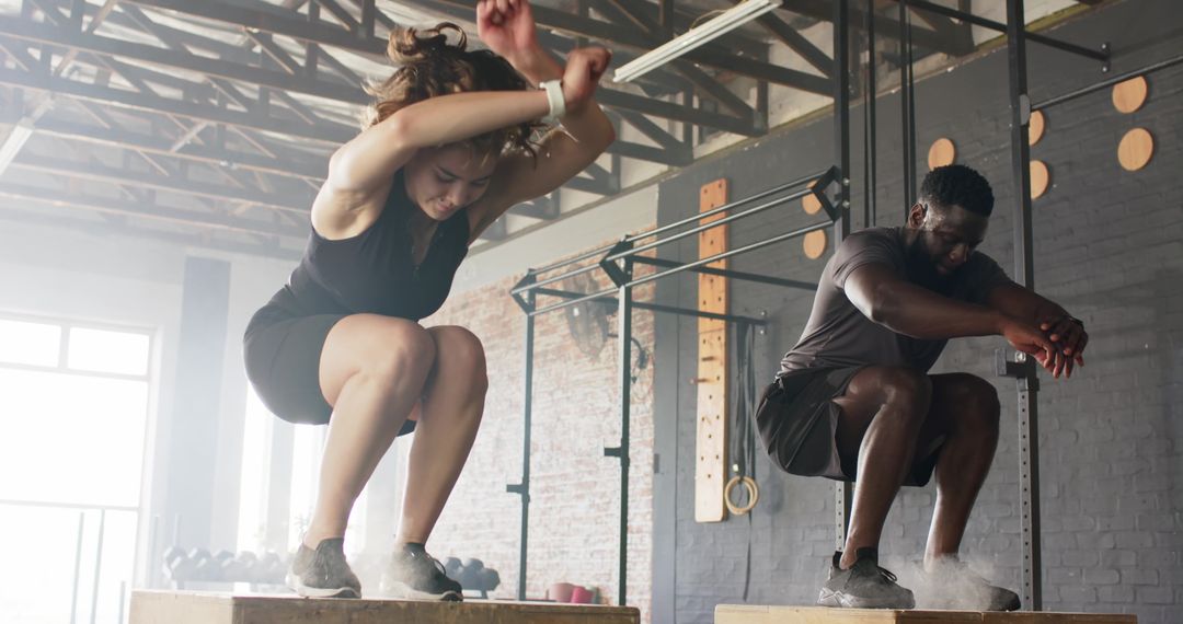 Friends Performing Box Jumps in Urban Gym Setting