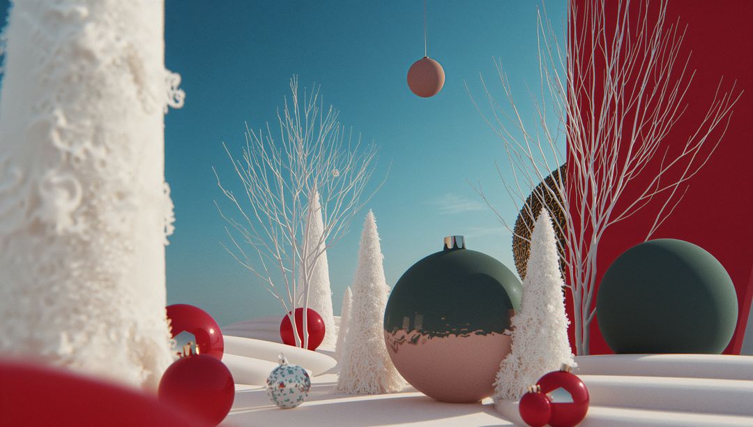 Stylized Winter Wonderland with Floating Ornaments