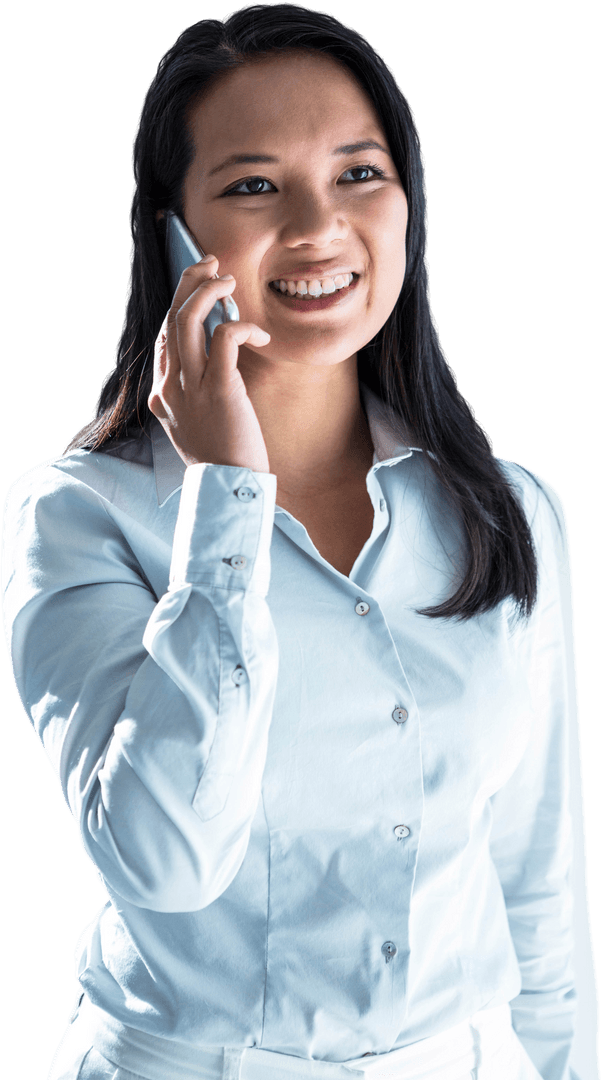 Transparent Smiling Businesswoman on Phone Call in Office