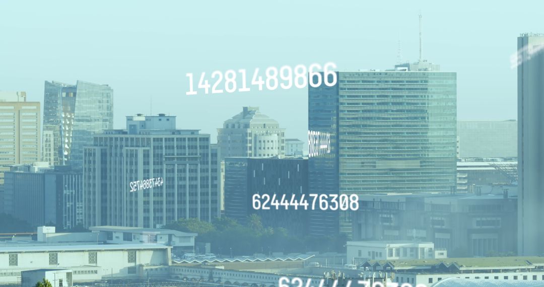 Digital Numbers Overlay on Urban Skyline Represents Business Growth