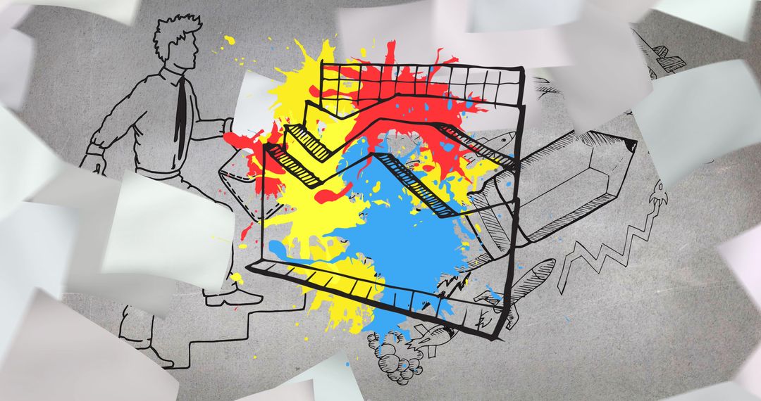 Creative Abstract Design with Vibrant Paint Splashes and Sketch Art