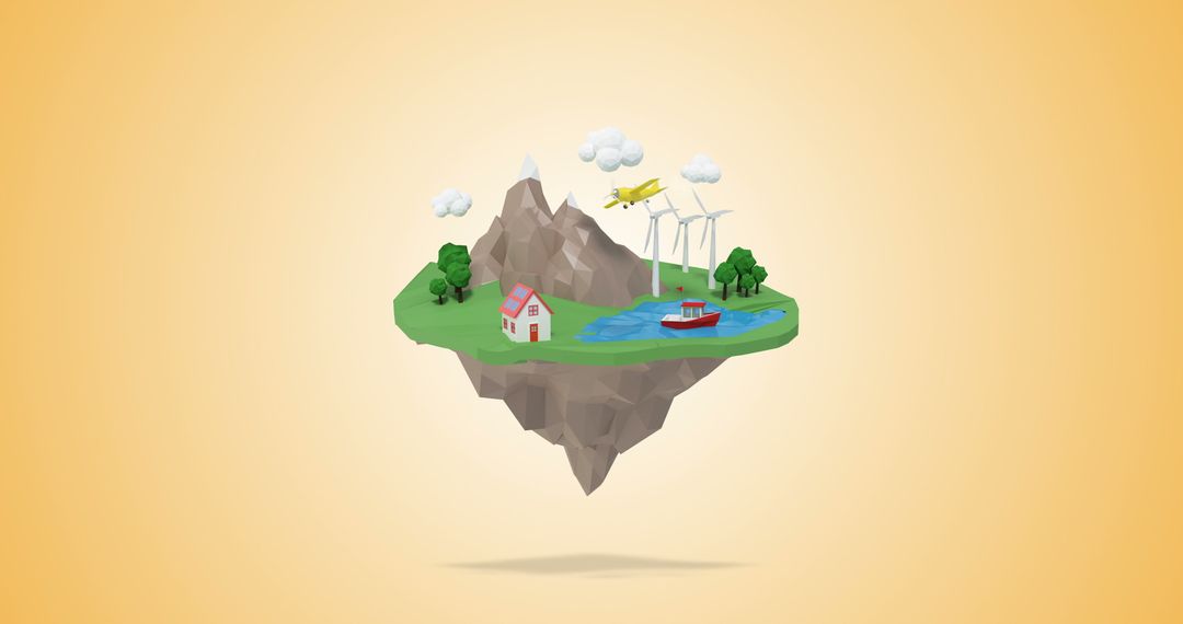 Floating Island with Wind Turbines and House in Tranquil Landscape