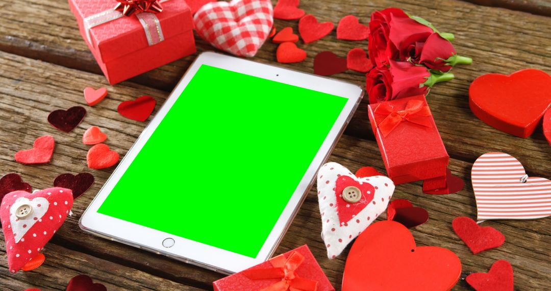 Digital Love: Tablet With Green Screen Among Valentine's Day Decorations - Free Images, Stock Photos and Pictures on Pikwizard.com