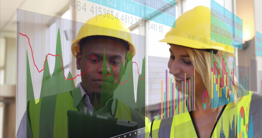 Construction Engineers Analyzing Data with Floating Charts in Site Office