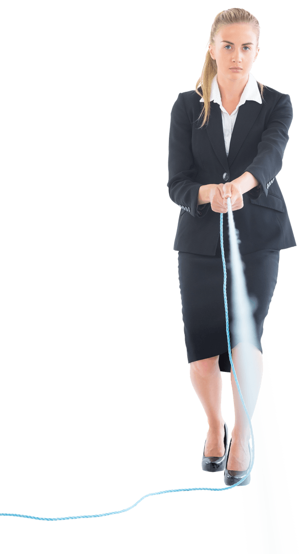 Blonde Businesswoman Determinedly Pulling Rope Transparent Background