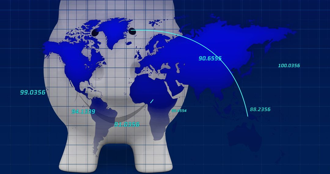 Global Finance Concept with World Map Overlay on Piggy Bank