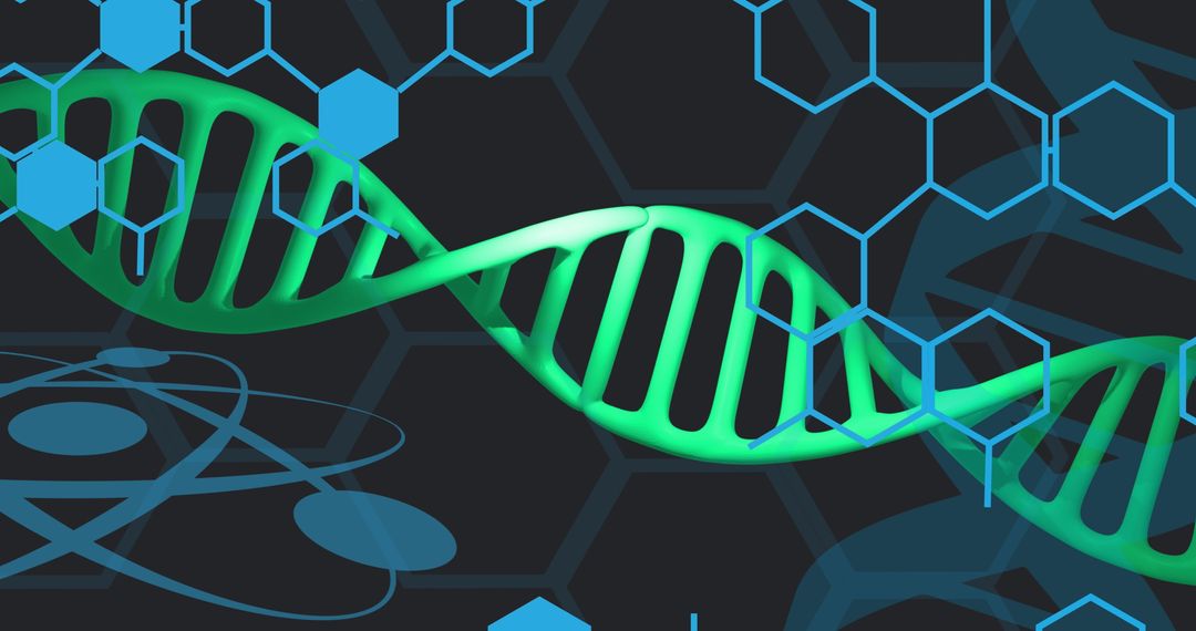 Abstract DNA Strand with Digital Interface Elements in Background
