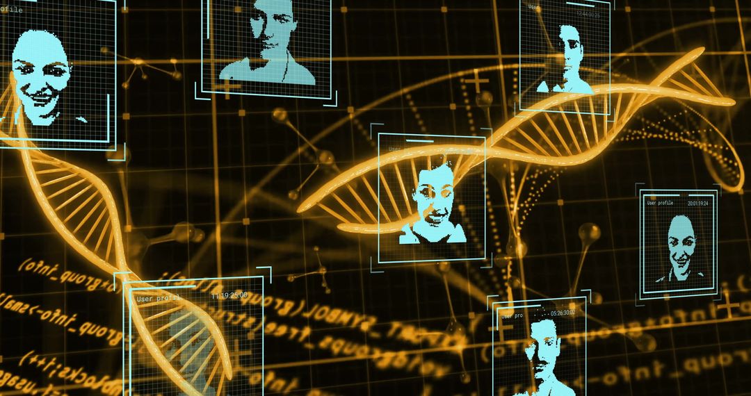 Futuristic DNA and Digital Faces in Data Processing Interface