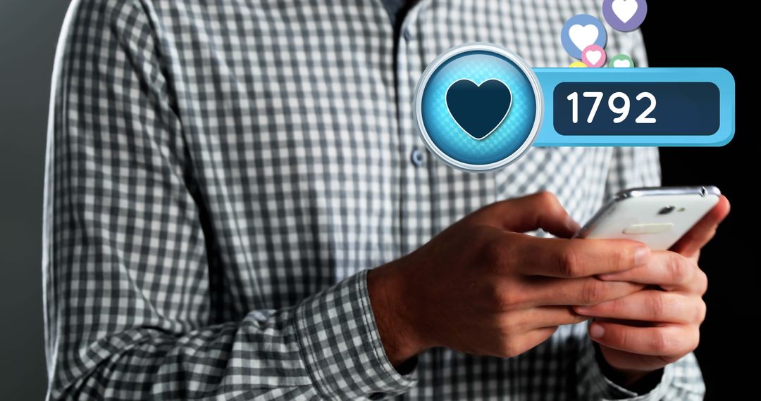 Man Texting with Social Media Heart Count Display