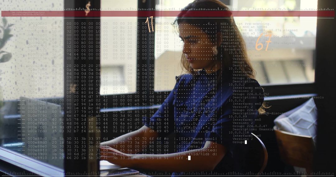 Businesswoman Analyzing Financial Data on Laptop Overlaid with Binary Code