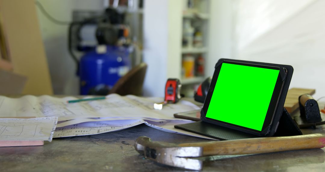 Green Screen Tablet on Construction Workbench with Tools - Free Images, Stock Photos and Pictures on Pikwizard.com