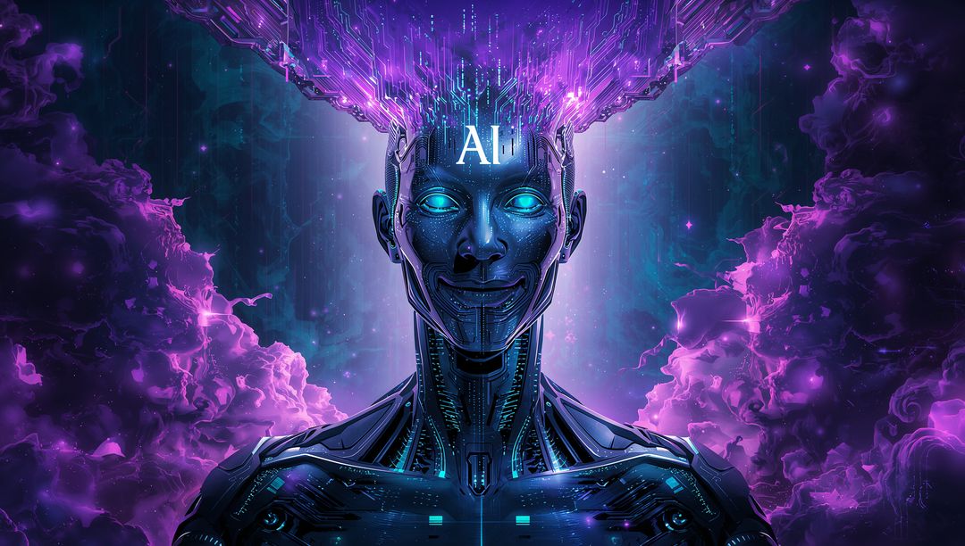 Glowing metallic humanoid radiating neon circuitry and cosmic purple nebula with AI mark
