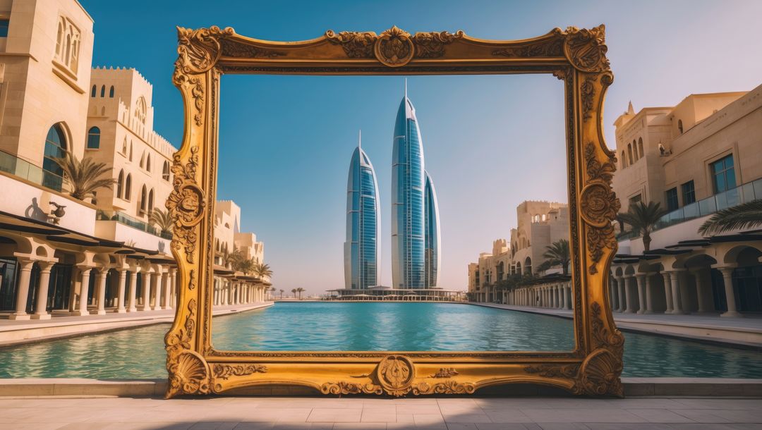 Ornate Gilded Frame with Modern Towers Over Pool Promenade