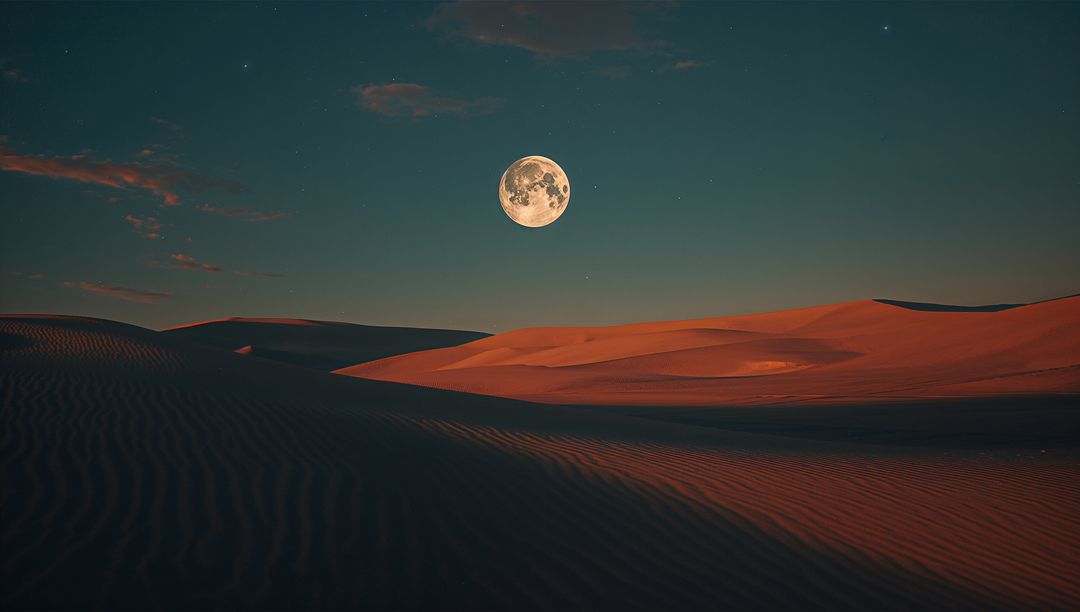 Glowing Full Moon Over Remote Desert Sand Dunes at Night