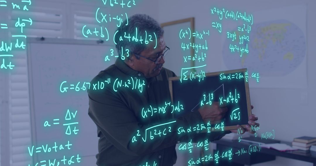 Teacher Explaining Mathematical Formulas With Digital Elements
