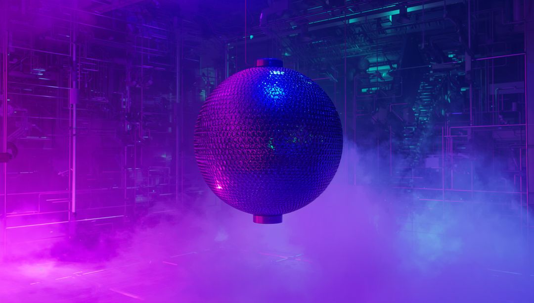 Hovering Metallic Orb Reflecting Neon Magenta and Cyan Lights in Industrial Fog