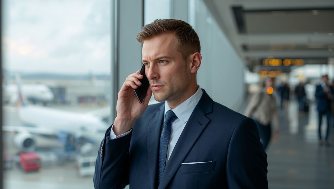 Businessman Communicating on Smartphone at Airport Terminal