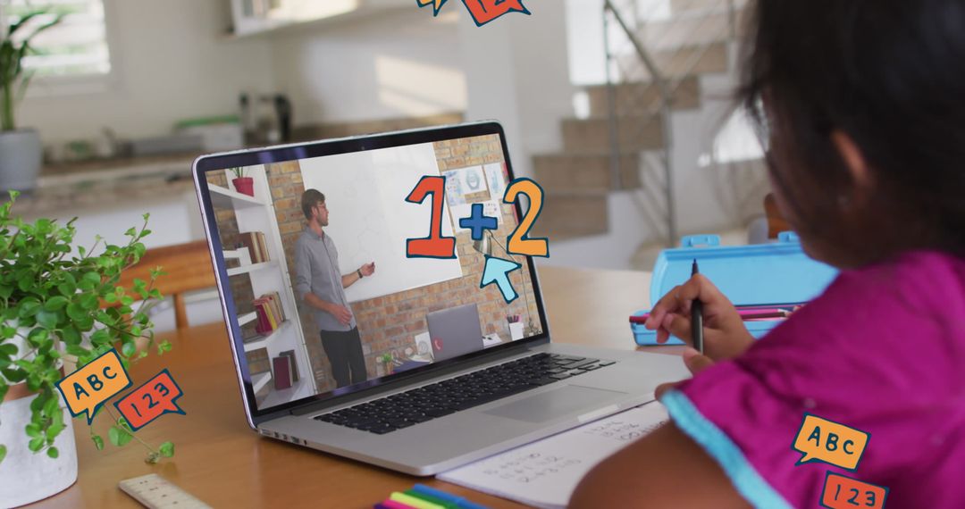 Child Engaged in Online Learning at Home with Educational Graphics