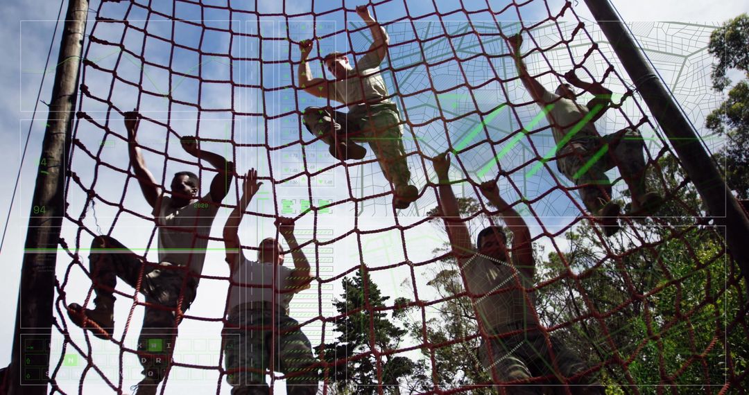 Soldiers Training on Cargo Net in Forest Adventure Drill
