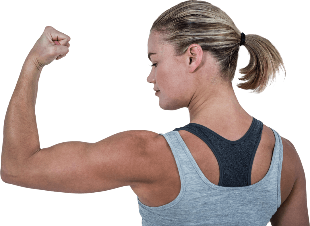Transparent Muscular Woman Flexing Arm with Determination