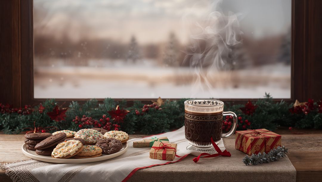 Cozy Winter Scene with Steaming Beverage and Festive Cookies