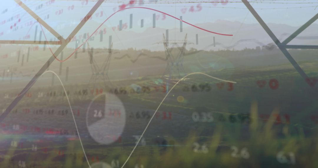 Transmission Towers with Financial Charts Representing Energy Analytics