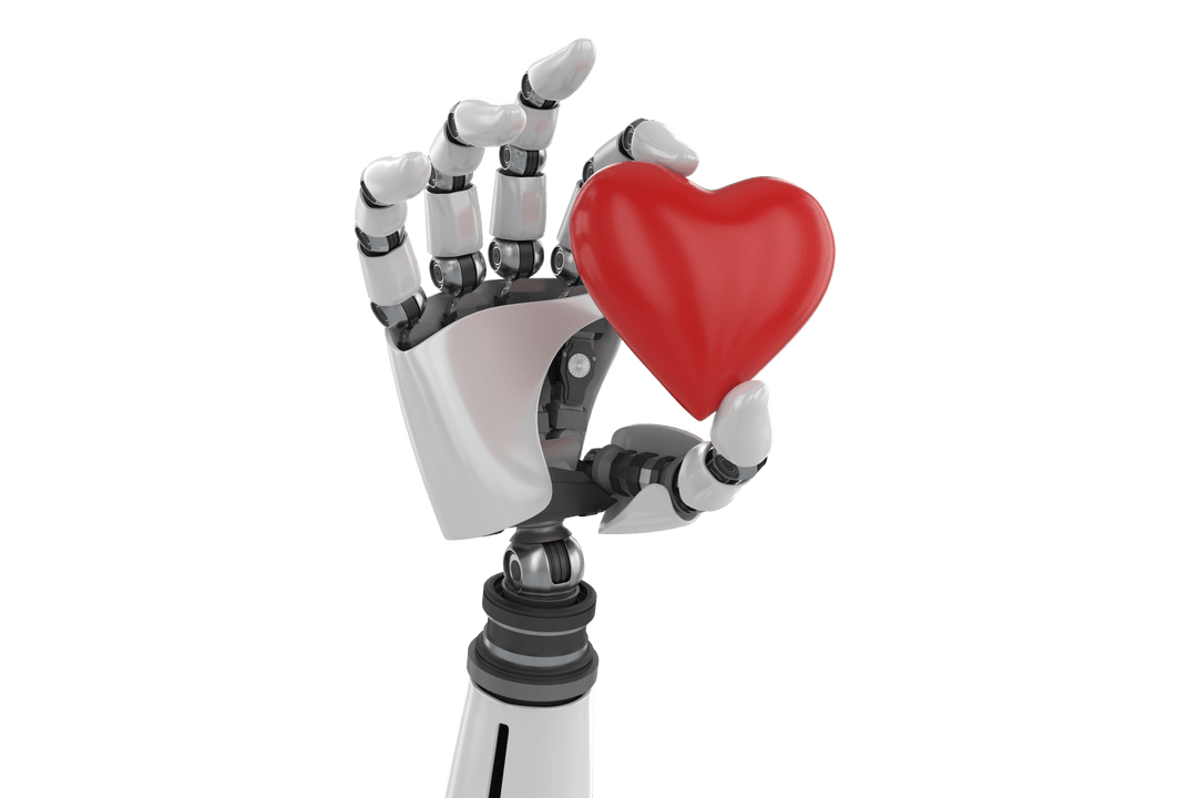 Robotic Hand Holding Red Heart Symbol on Transparent Background
