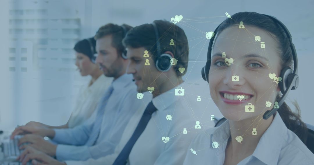 Customer Service Team with Headsets in Modern Call Center