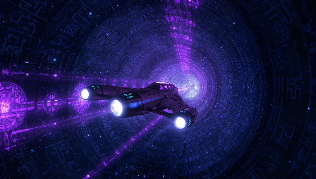 Futuristic Spacecraft Navigating Sci-Fi Quantum Tunnel