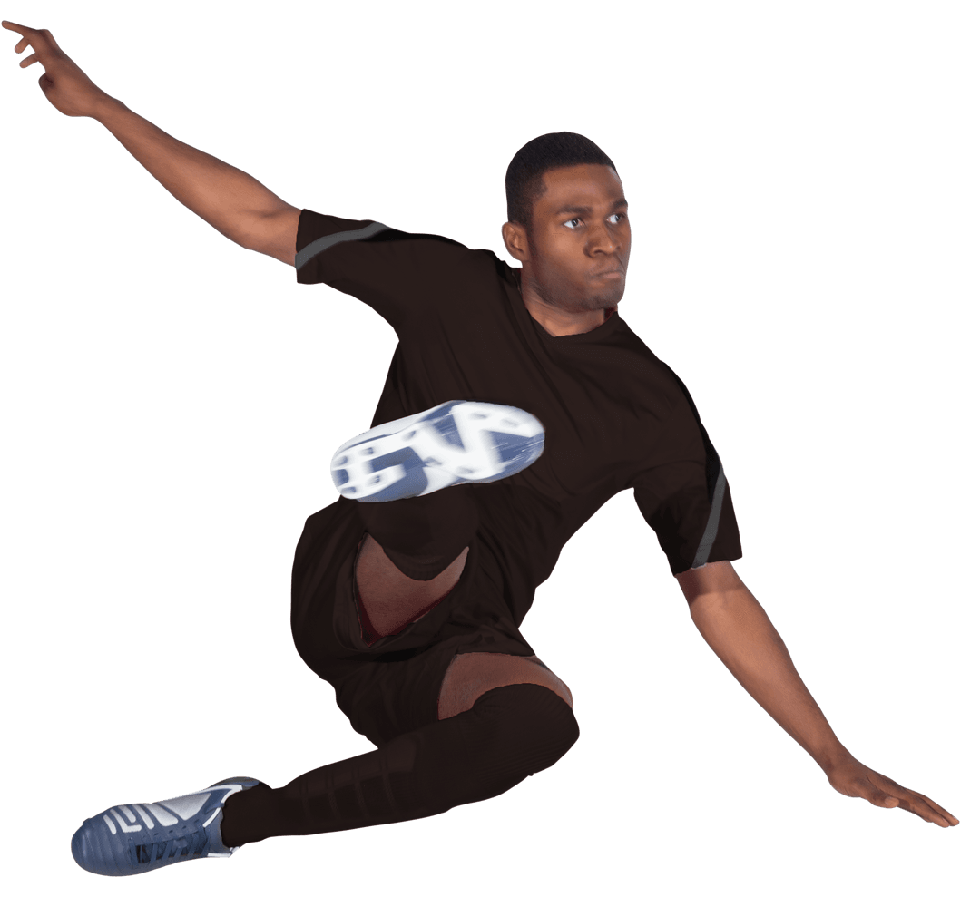 Dynamic Black Football Player in Jump Kick Transparent Background