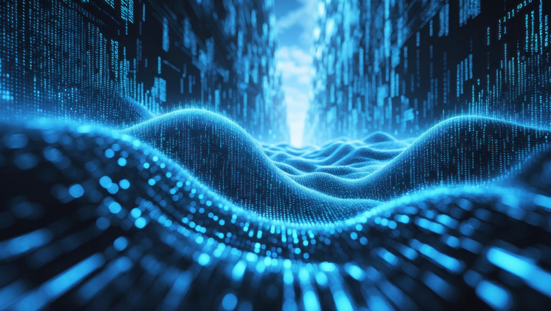 Futuristic Wavy Digital Landscape with Glowing Code