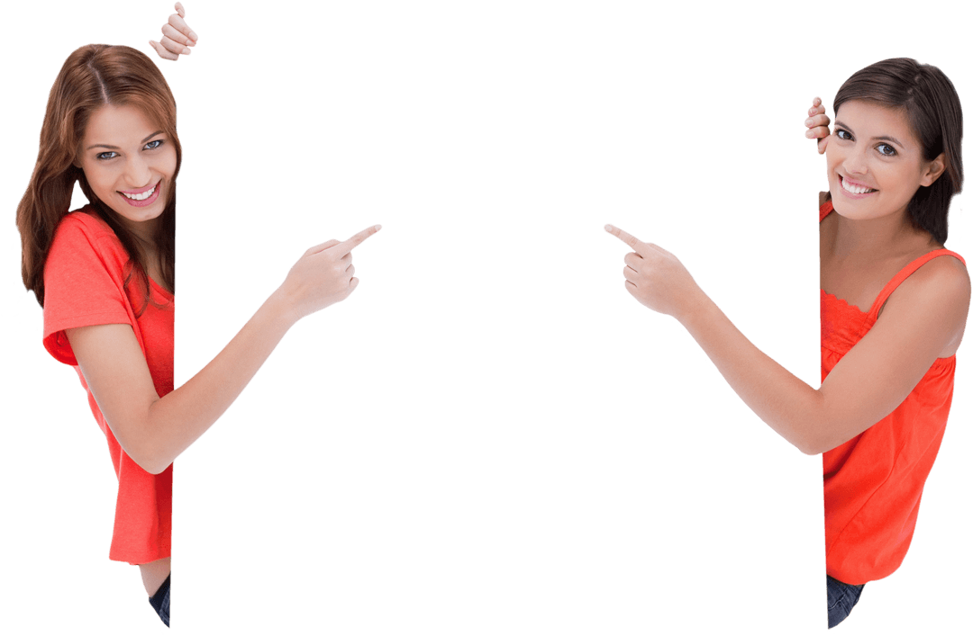 Two Women Peeking Through Transparent Apertures Pointing Blankly