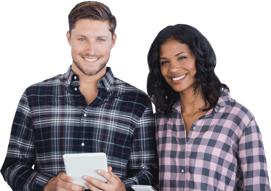 Smiling Mixed Race Couple Posing with Digital Tablets on Transparent Background