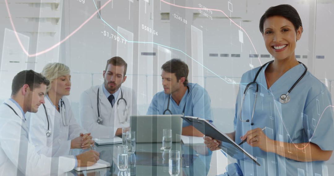 Medical Team Collaborating with Digital Analytics Graphics