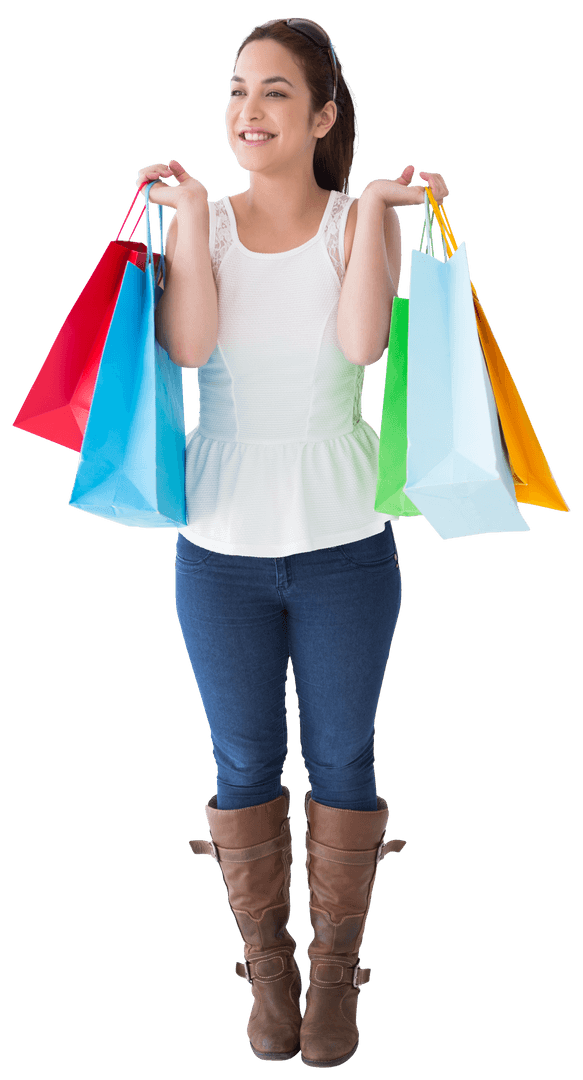 Cheerful Woman with Colorful Shopping Bags, Transparent Background