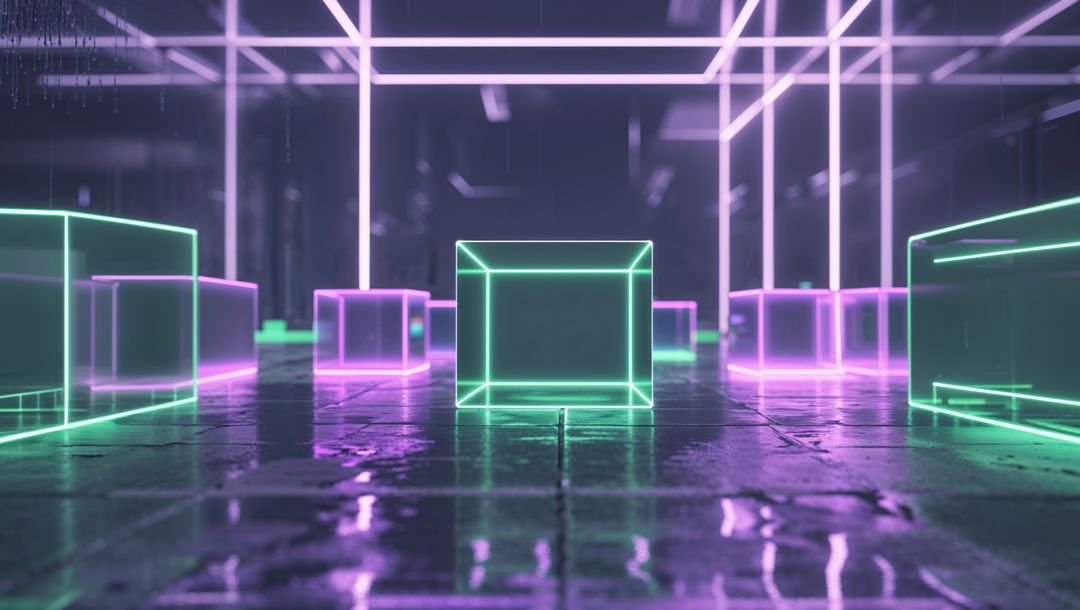 Futuristic Neon Wireframe Cubes on Reflective Tiled Floor
