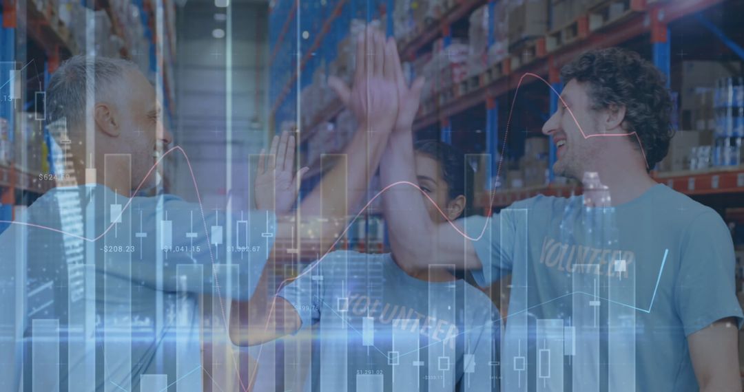 Warehouse Workers Celebrating Success with Statistical Overlay