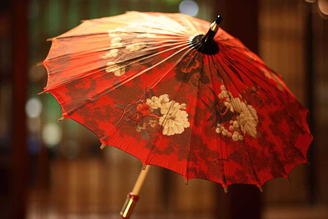 Red chinese umbrella with floral patterns on dark background, created using generative ai technology - Free Images, Stock Photos and Pictures on Pikwizard.com