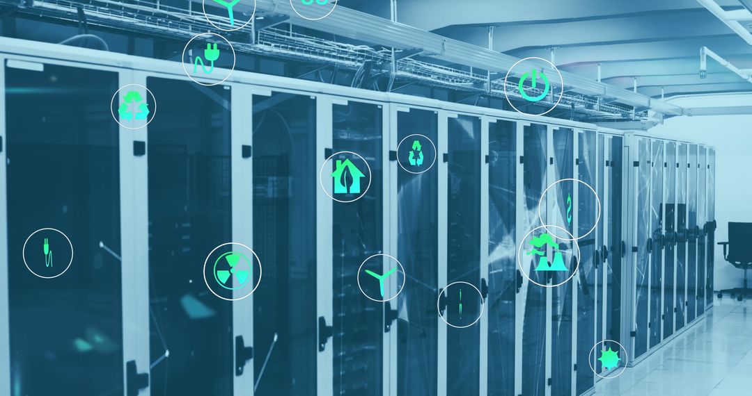 Modern Data Center with Integrated Digital Icons Representing Various Health Metrics - Free Images, Stock Photos and Pictures on Pikwizard.com