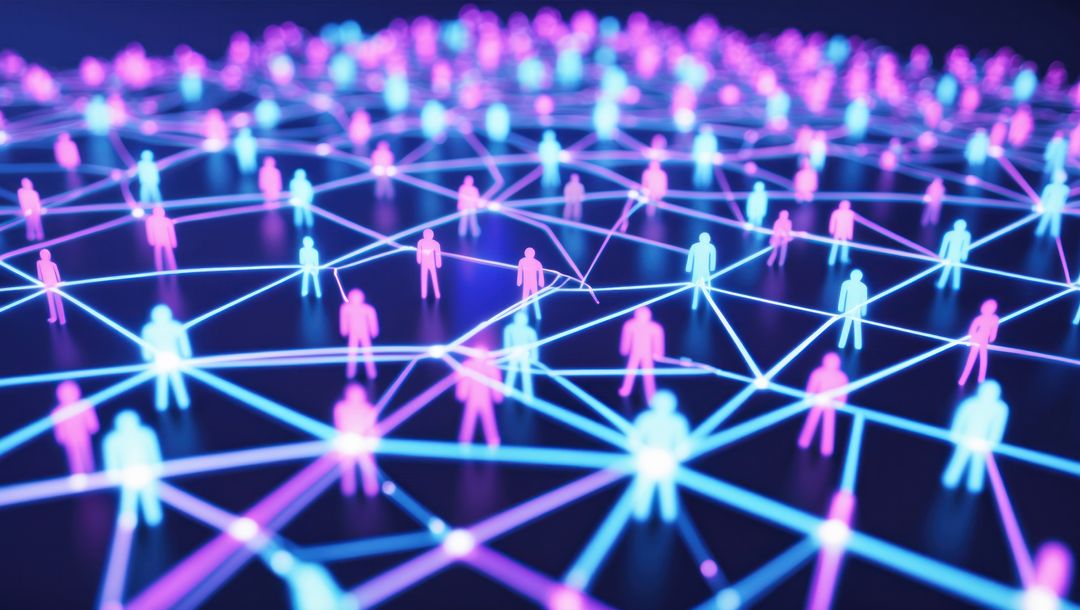 Futuristic Network with Neon Silhouettes and Digital Connections