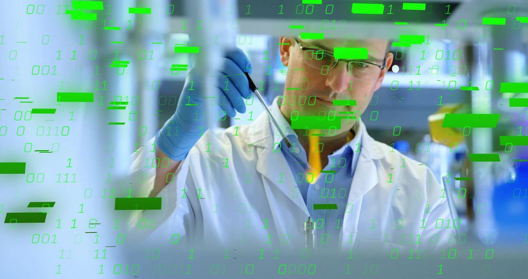 Scientist Conducting Experiment Amidst Digital Code Overlay