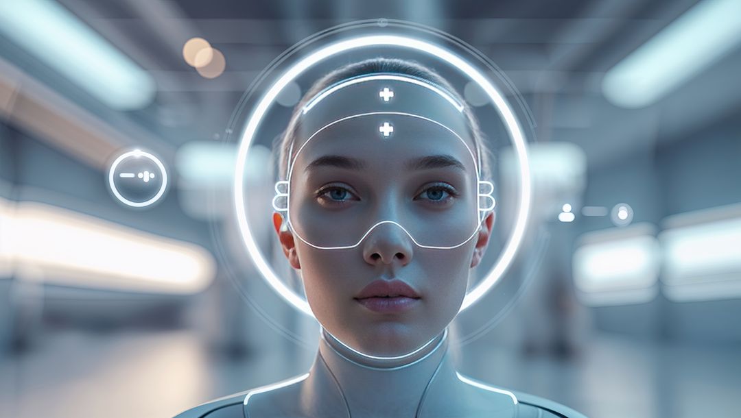 Futuristic Humanoid with Holographic Interface in High-Tech Lab