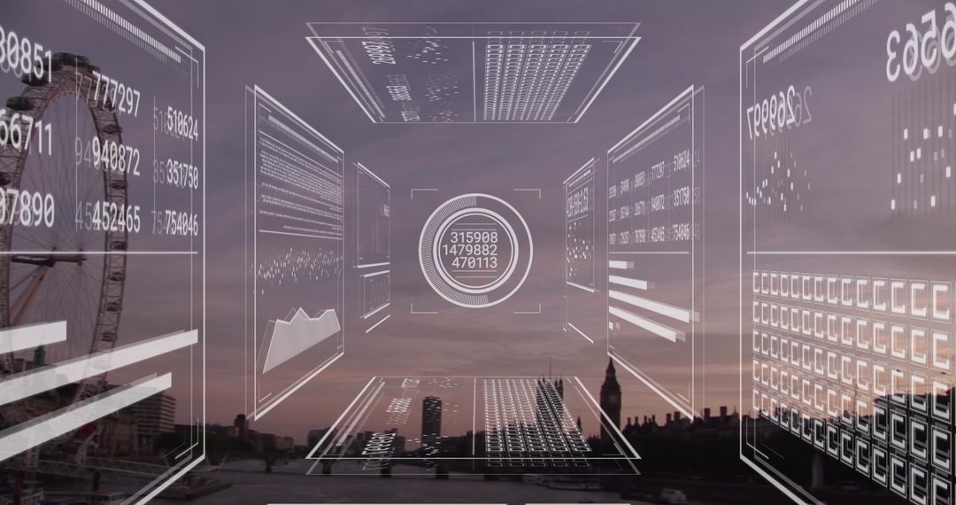 Digital Data Interface Over London Cityscape at Dusk