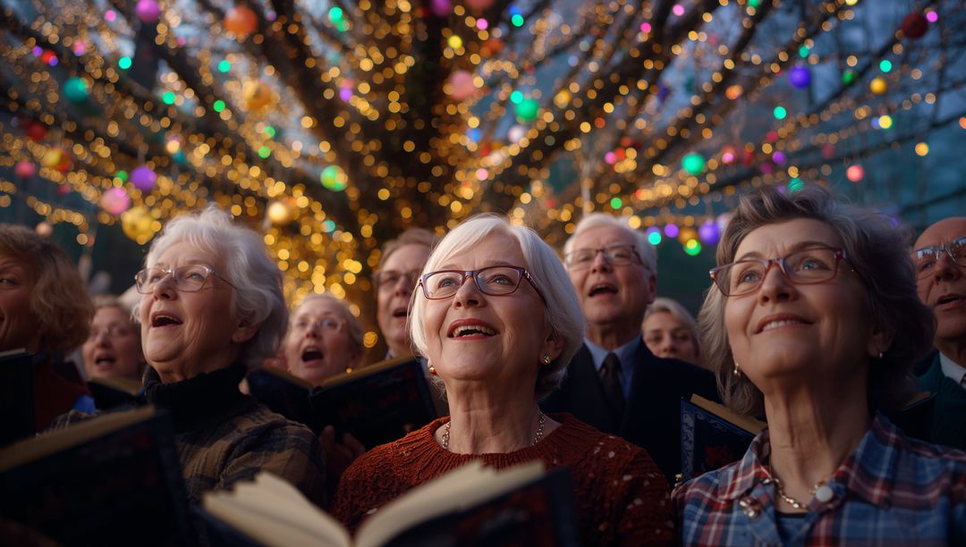 Senior Choir Singing Beneath Festively Lit Tree in Park