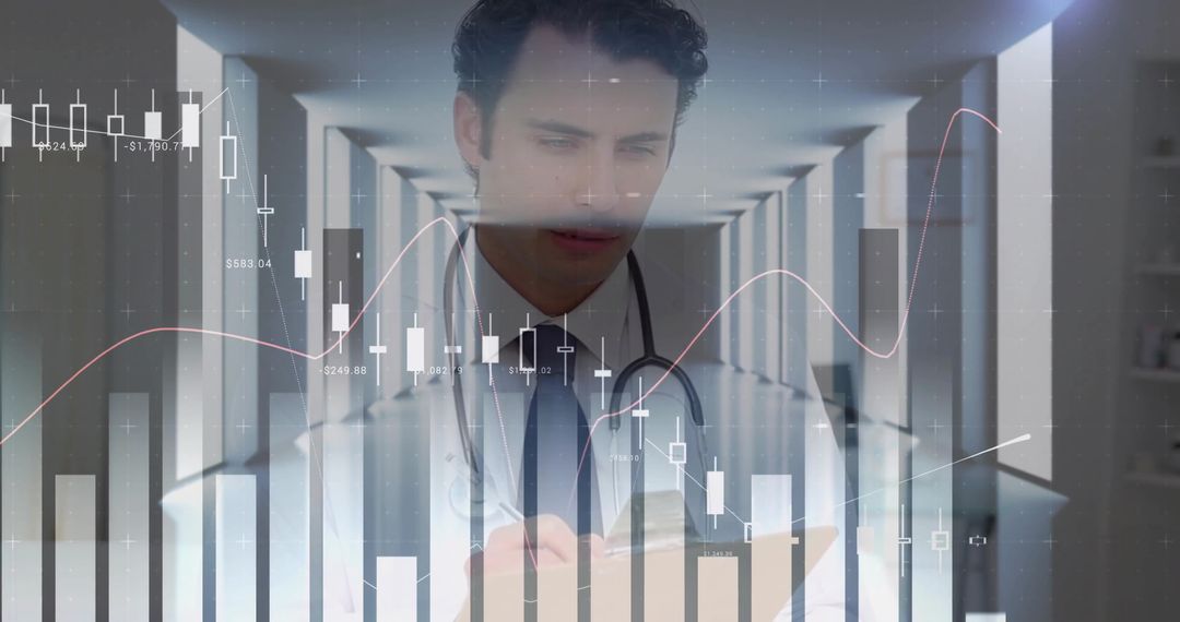 Doctor Analyzing Data with Digital Interface in Medical Corridor