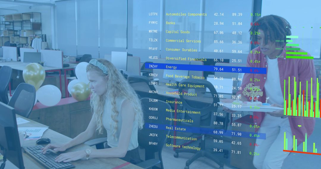 Young professional typing at open office with financial data overlays and colleague collaborating