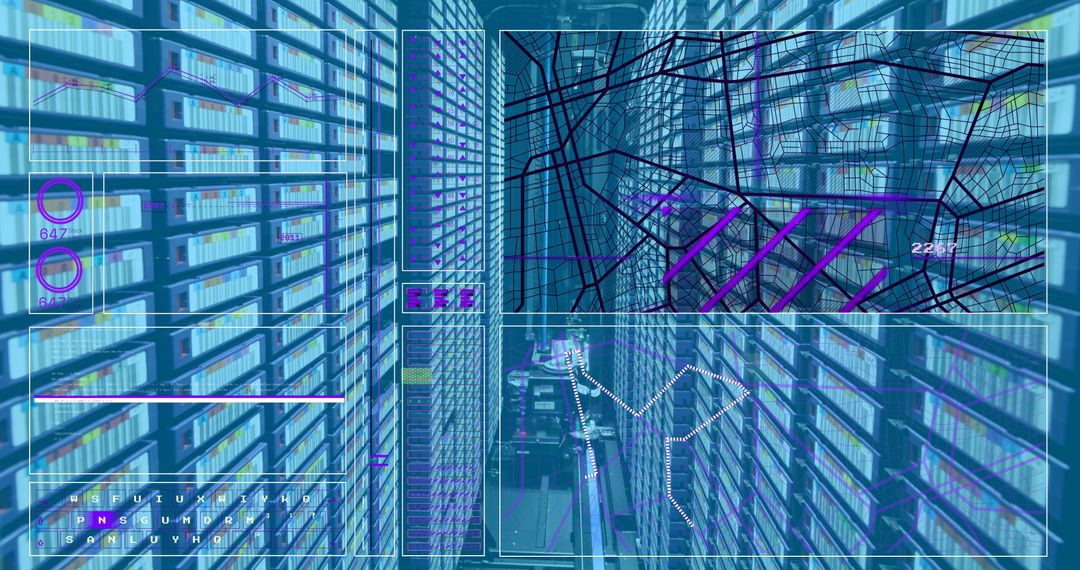 Futuristic Data Center with Digital Interface Elements