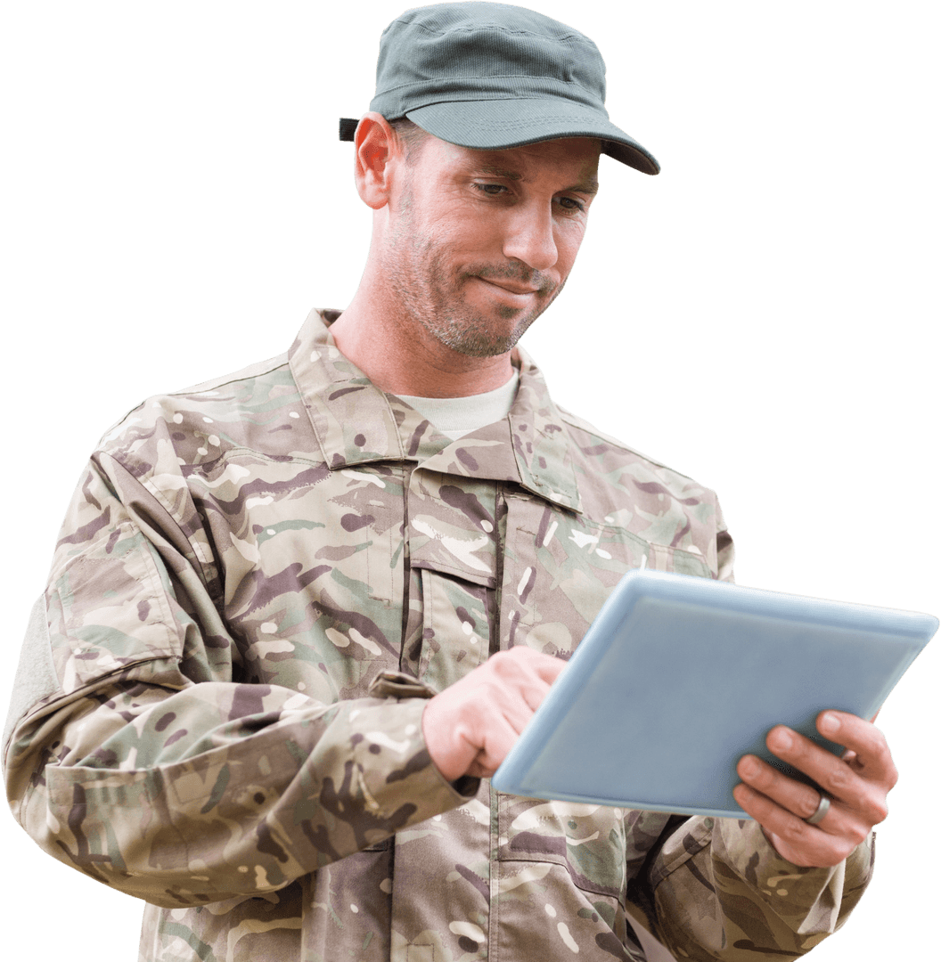 Army Soldier Efficiently Utilizing Digital Tablet on Transparent Background