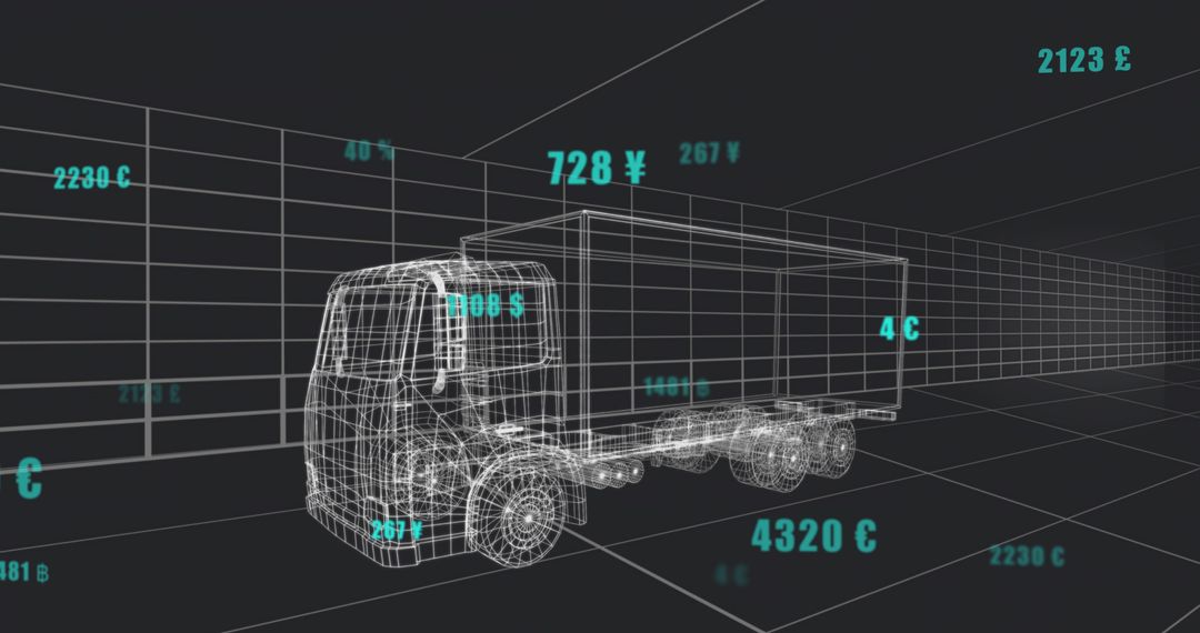 Wireframe Semi-Trailer Truck with Floating Currency Data