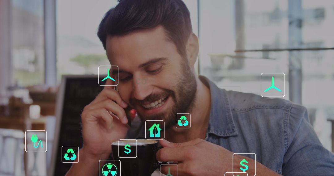 Man on Phone with Sustainability Icons Overlay in Cafe